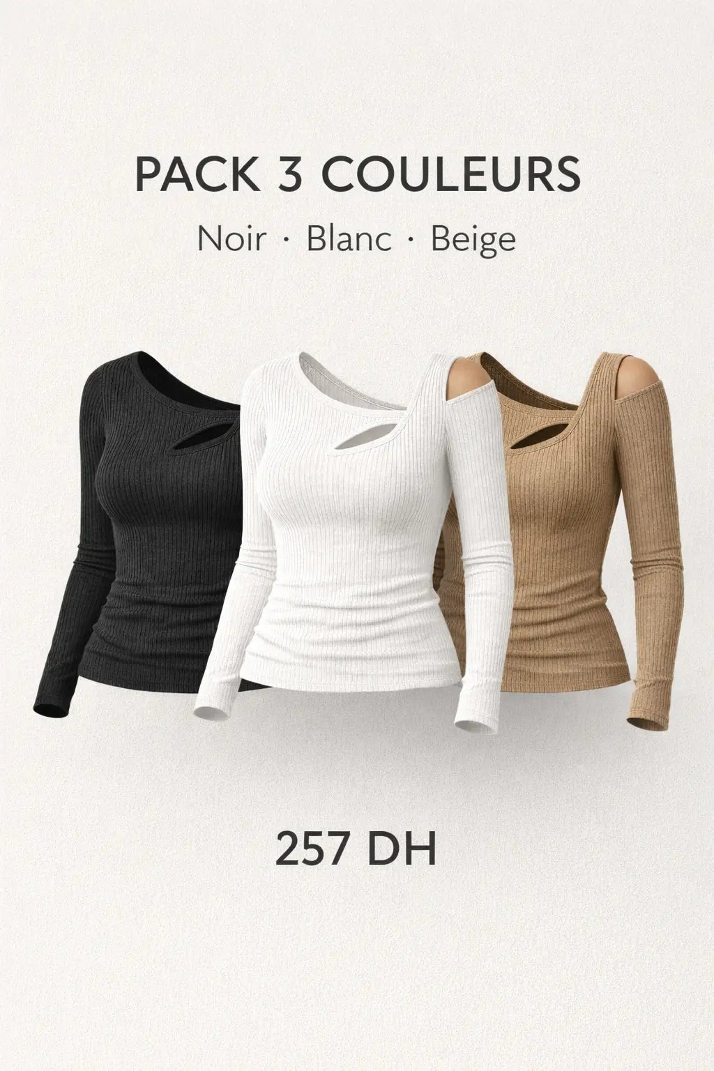 Top côtelé asymétrique – Pack 3 couleurs