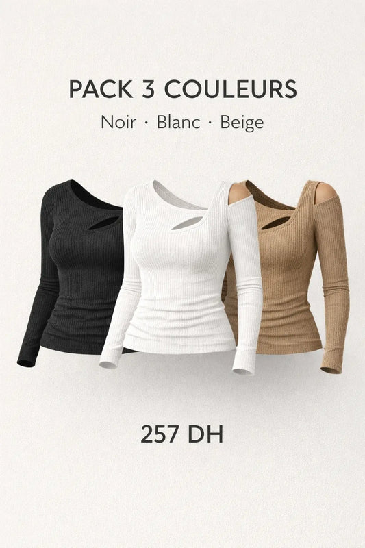 Top côtelé asymétrique – Pack 3 couleurs