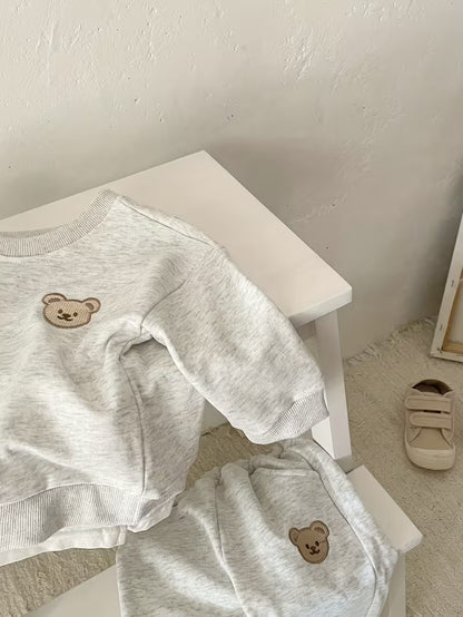 Ensemble Bébé Ourson – Sweat & Pantalon Gris Chiné